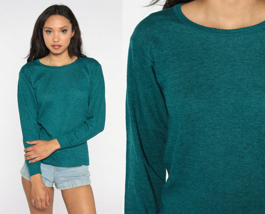 90s Teal Wool Blend Long Sleeve Knit Shirt Fitted Medium M