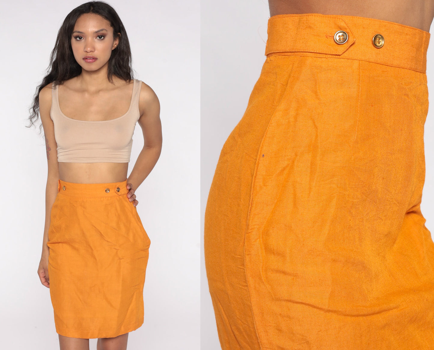80s Orange Silk Pencil Skirt High Waist Mini Wiggle Small 6