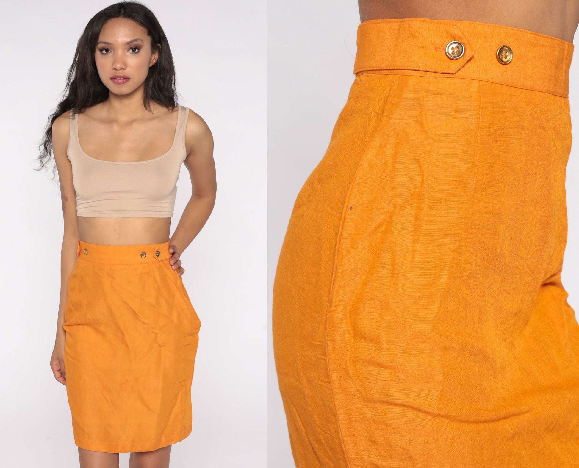 80s Orange Silk Pencil Skirt High Waist Mini Wiggle Small 6