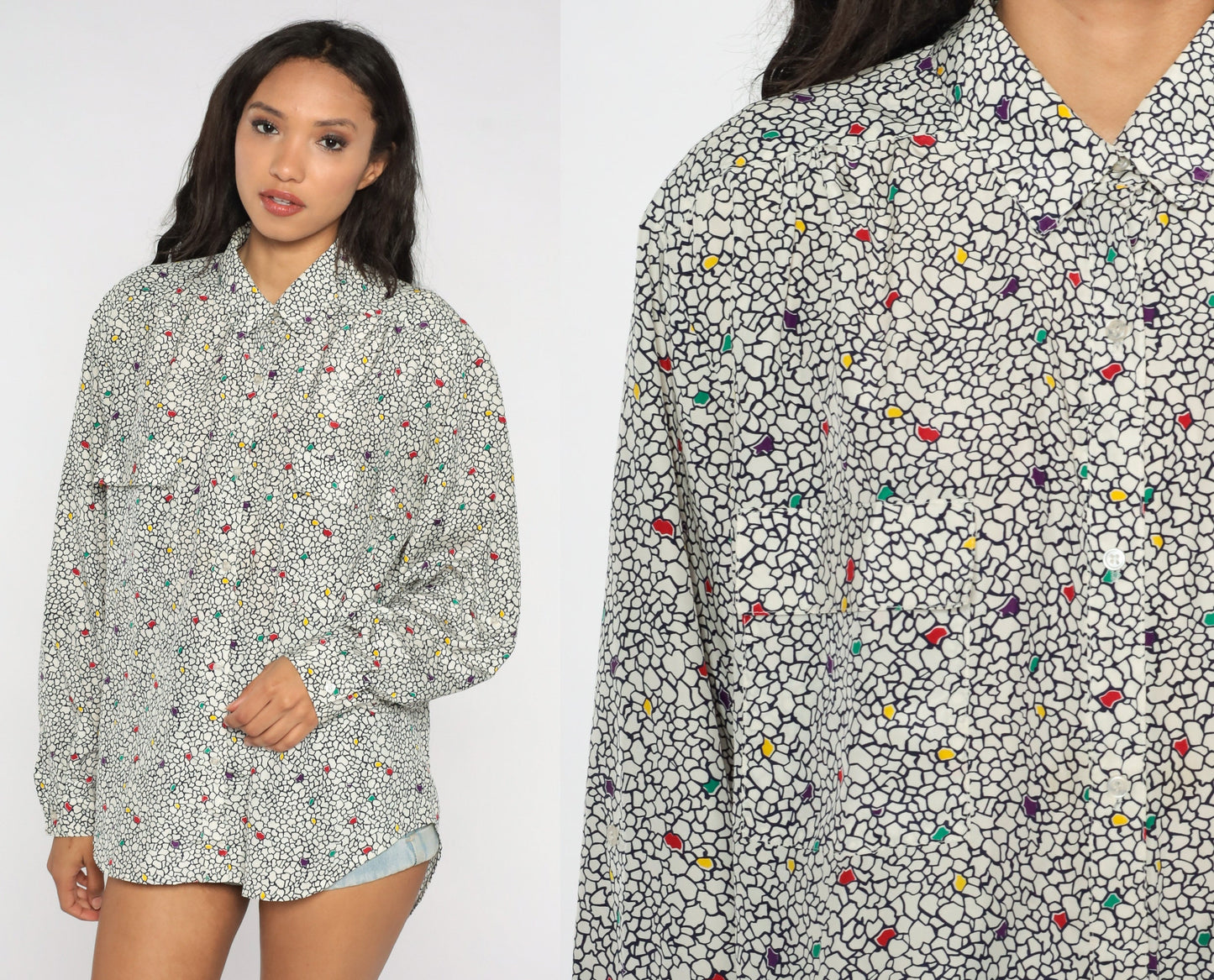 80s Abstract Pebble Print Button-Up Blouse Black White Dots Long Sleeve Extra Large