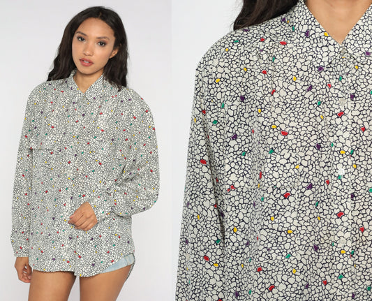 80s Abstract Pebble Print Button-Up Blouse Black White Dots Long Sleeve Extra Large
