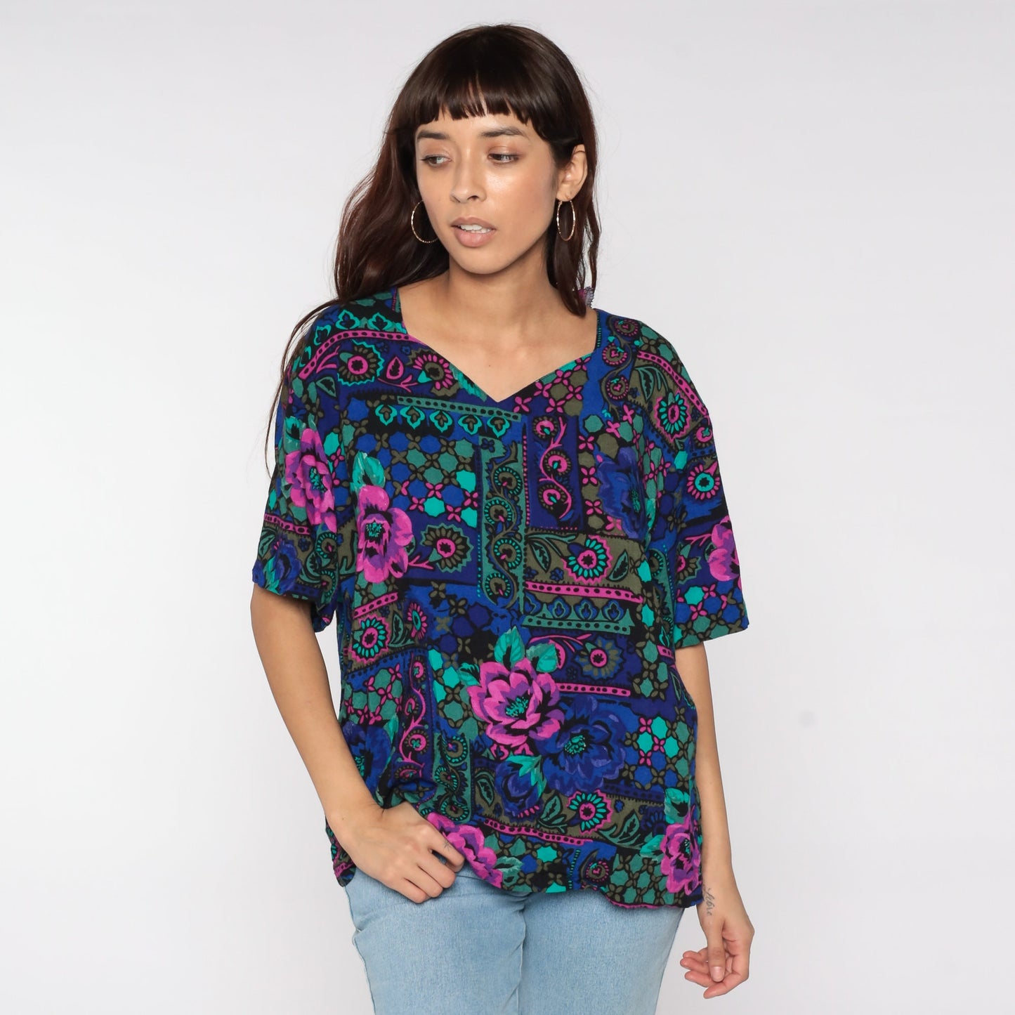 90s Geometric Floral Print Blouse Short Sleeve V-Neck Multicolor Large