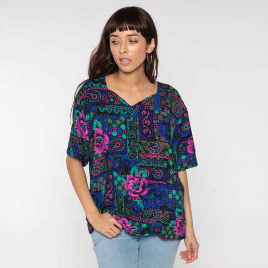 90s Geometric Floral Print Blouse Short Sleeve V-Neck Multicolor Large
