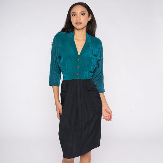 80s Teal Black Color Block Mini Dress Button Up Sheath Small S