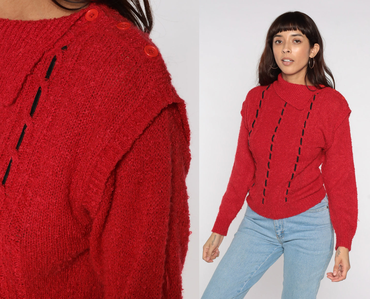 80s Red Knit Sweater Asymmetrical Collar Black Decorative Stitch Turtleneck Medium