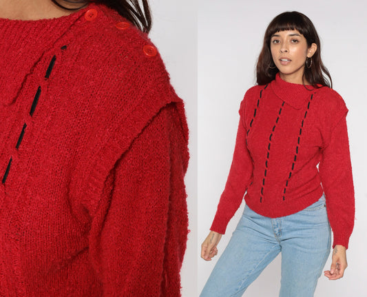 80s Red Knit Sweater Asymmetrical Collar Black Decorative Stitch Turtleneck Medium