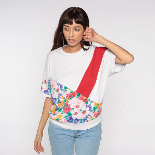 80s Floral Colour Block Top White Red Stripe Short Sleeve Crewneck Medium
