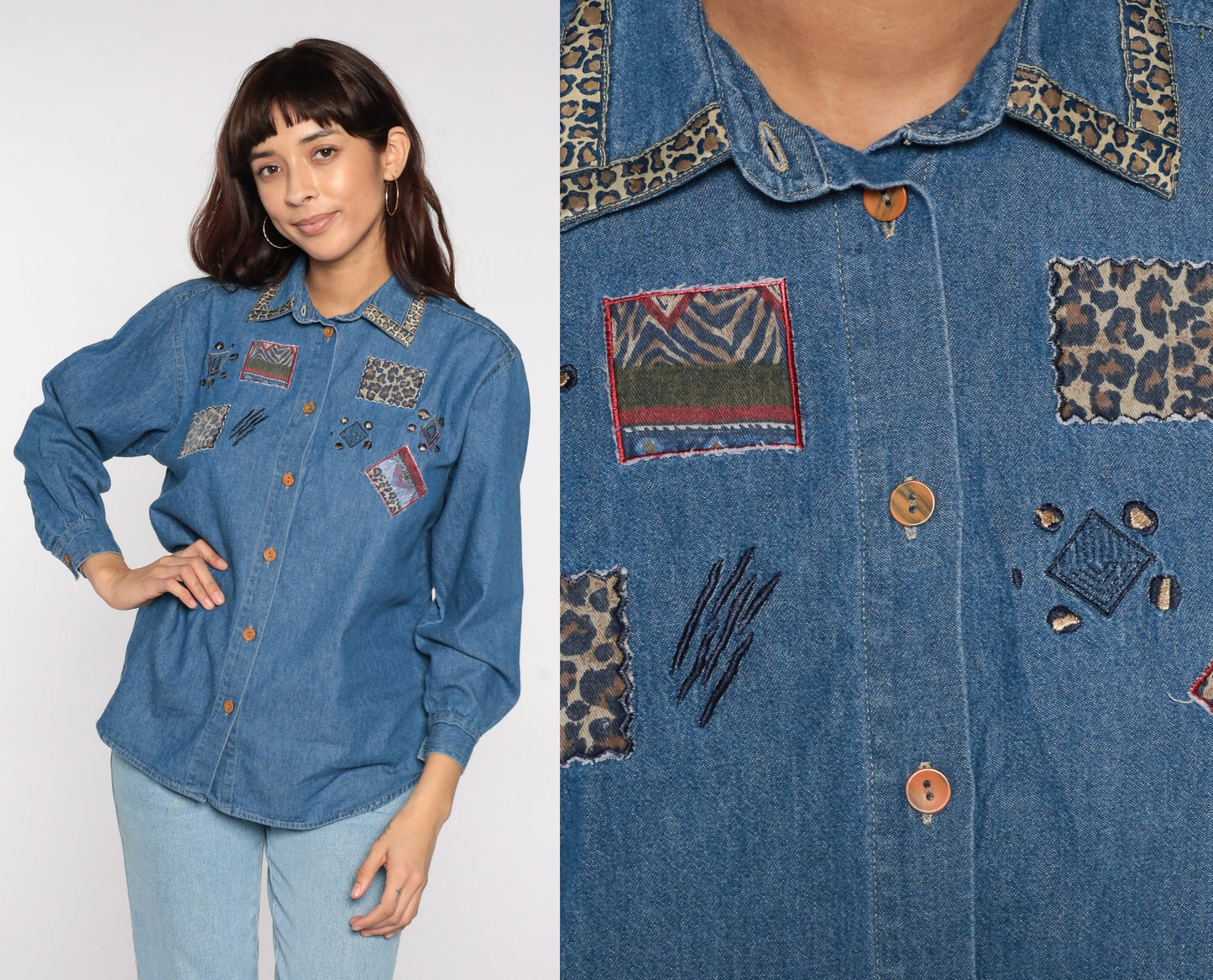 90s Denim Shirt Leopard Patchwork Abstract Blue Button Up Medium