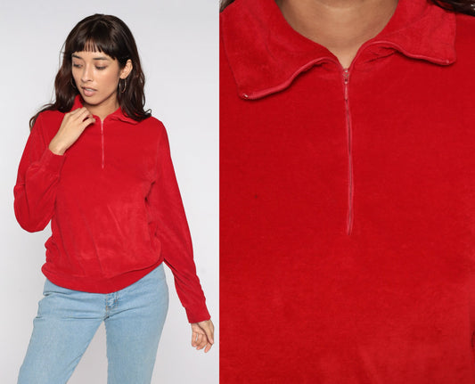 80s Wrangler Terry Cloth Quarter Zip Polo Red Long Sleeve Medium