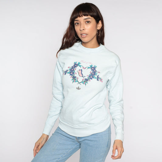 80s Touch Of Class Butterfly Floral Sweatshirt Baby Blue Crewneck Extra Small