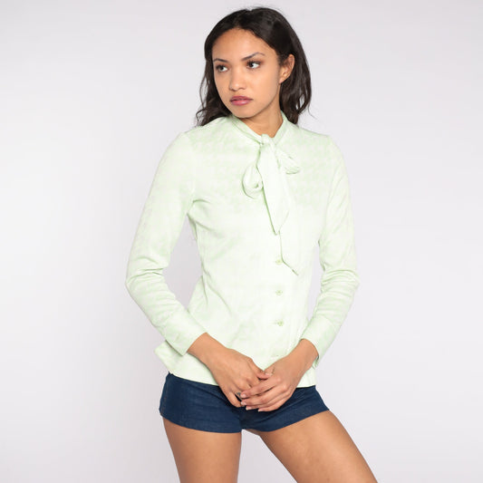 70s Ascot Bow Blouse Pale Green Houndstooth Check Long Sleeve Small