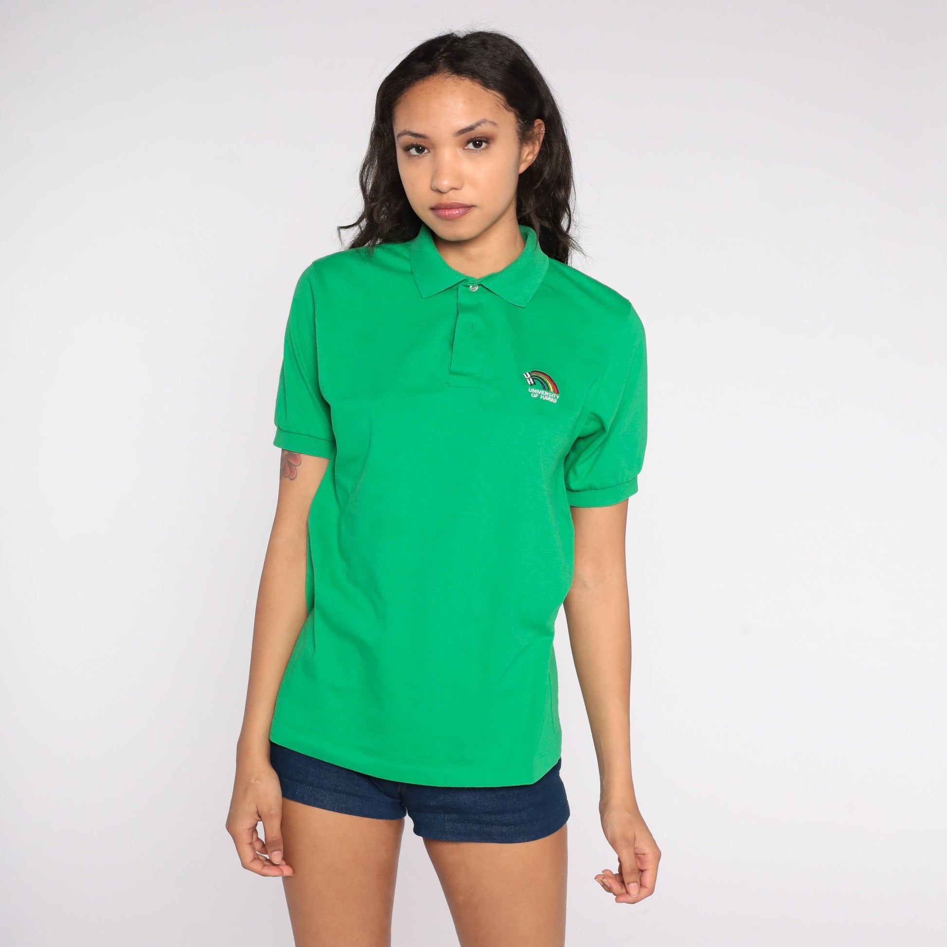 80s University of Hawaii Polo Shirt Green Rainbow Logo Half Button Medium