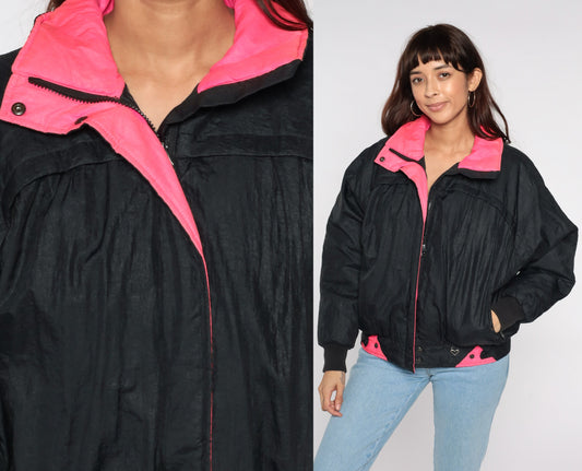 80s Obermeyer Black Puffer Ski Jacket Neon Pink Trim Medium