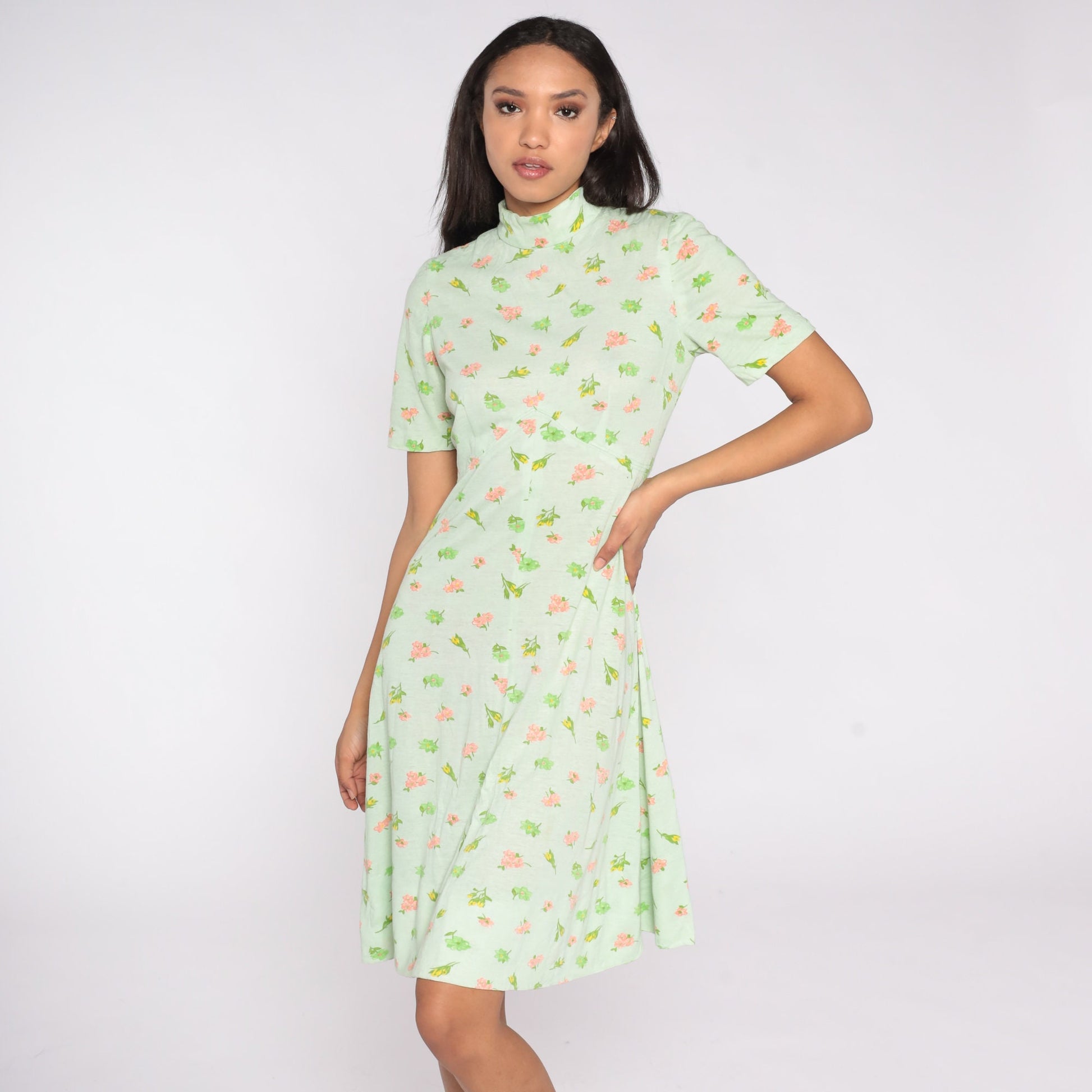 60s Green Floral Empire Waist Midi Dress Short Sleeve Small Medium