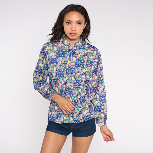 70s Blue Floral Mandarin Collar Shirt Bow Neck Long Sleeve Large
