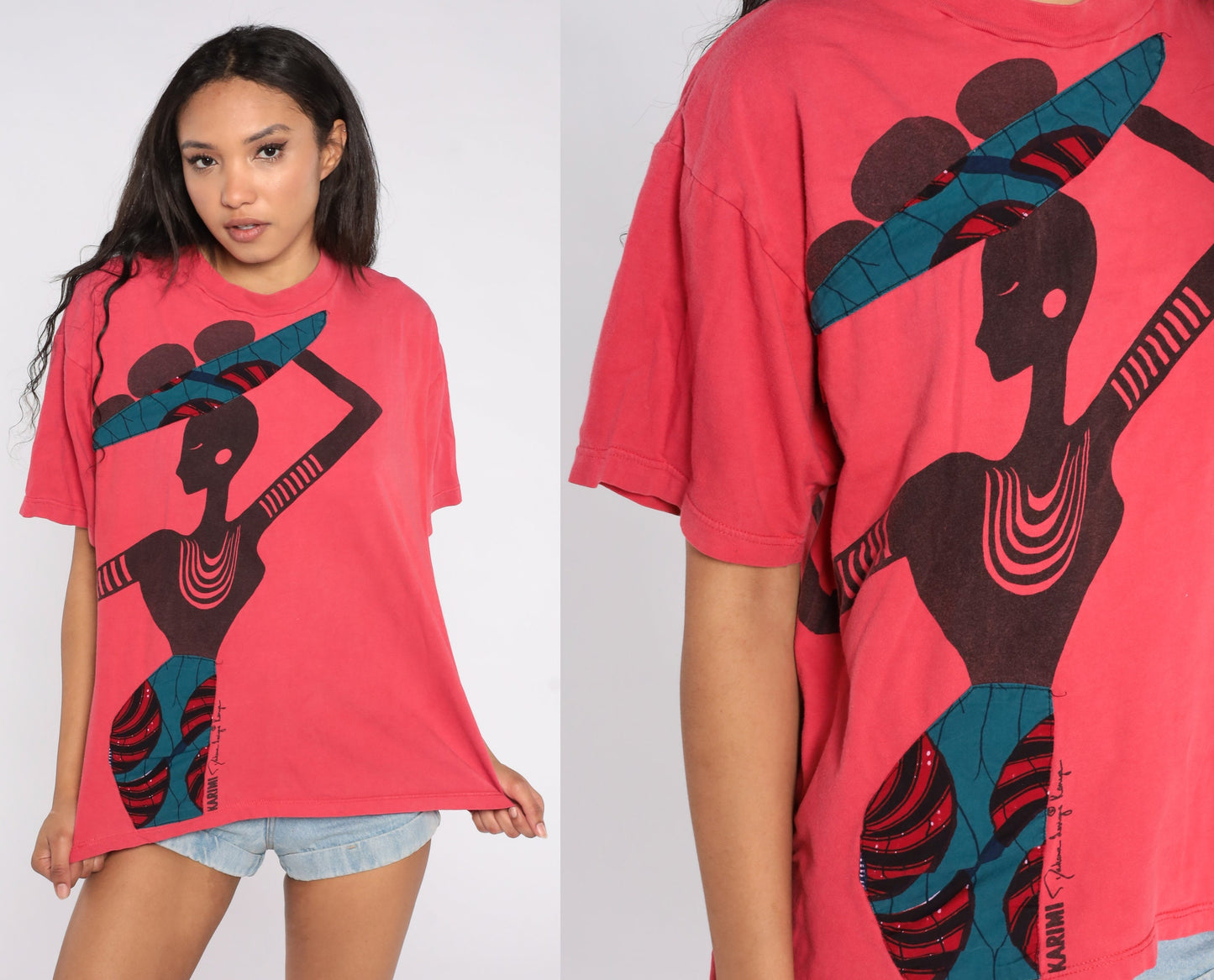 90s Kenyan Village Woman Graphic T-Shirt Cotton Red Large