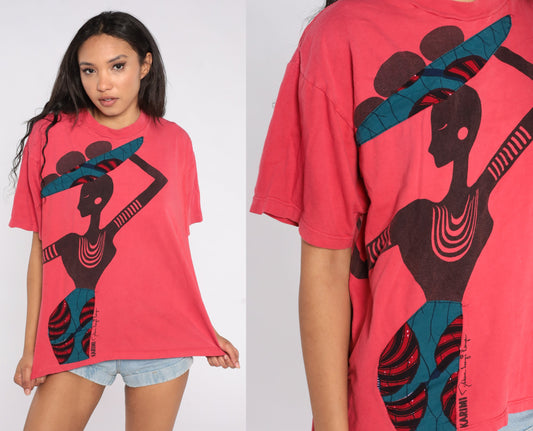 90s Kenyan Village Woman Graphic T-Shirt Cotton Red Large