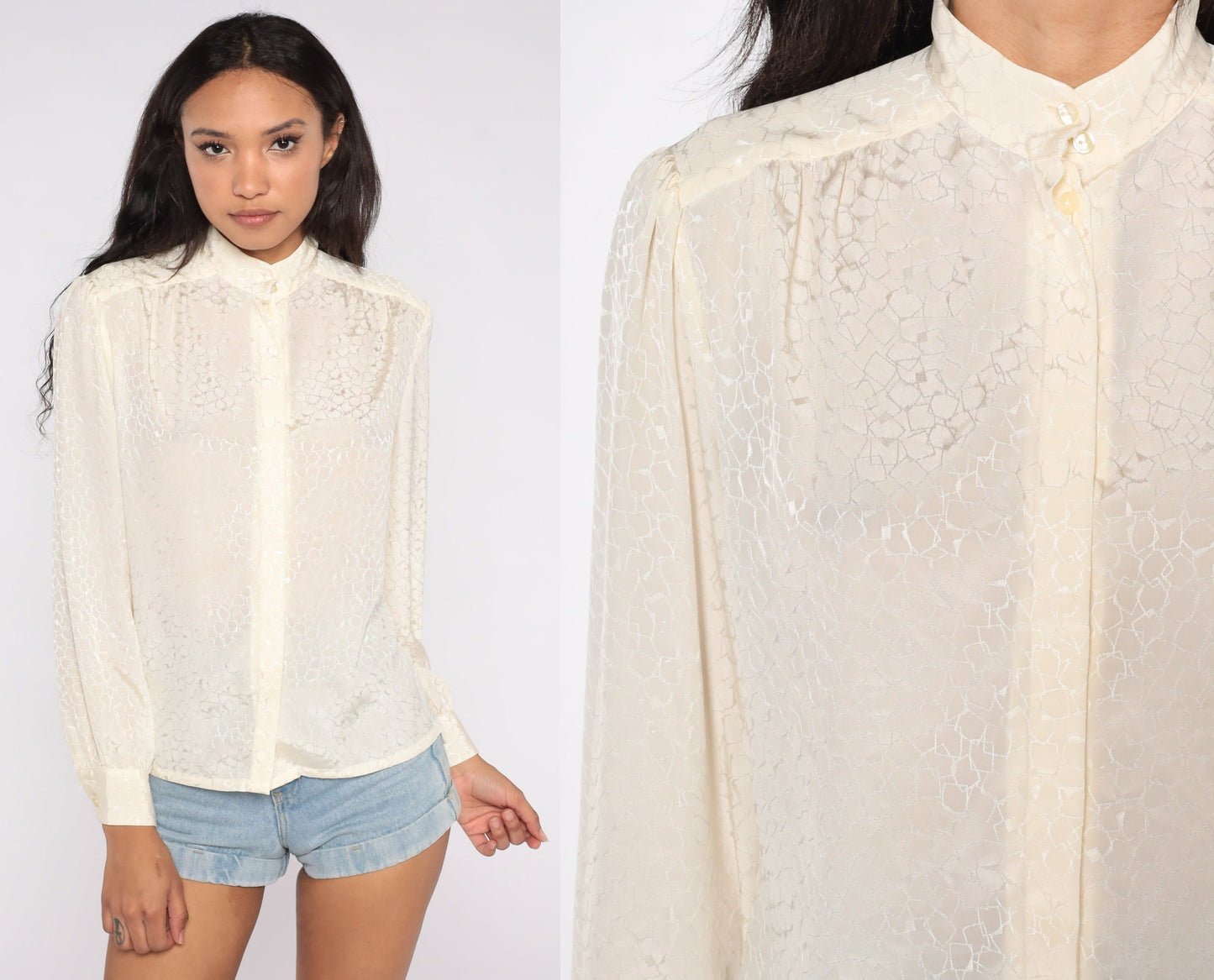 90s Pendleton Cream Button-Up Blouse Mandarin Collar Long Sleeve Medium