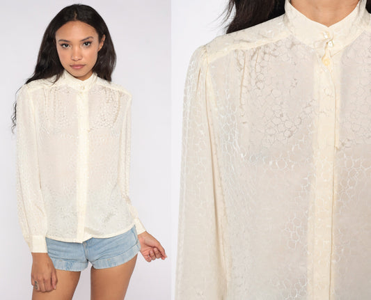 90s Pendleton Cream Button-Up Blouse Mandarin Collar Long Sleeve Medium