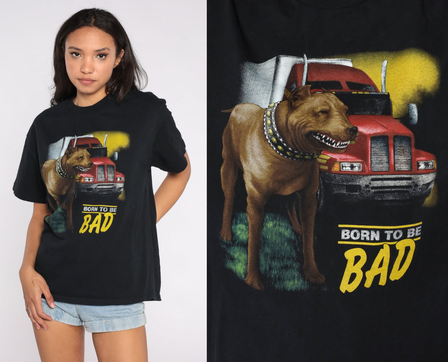 90s Guard Dog Born To Be Bad Graphic T-Shirt Black Trucker Medium