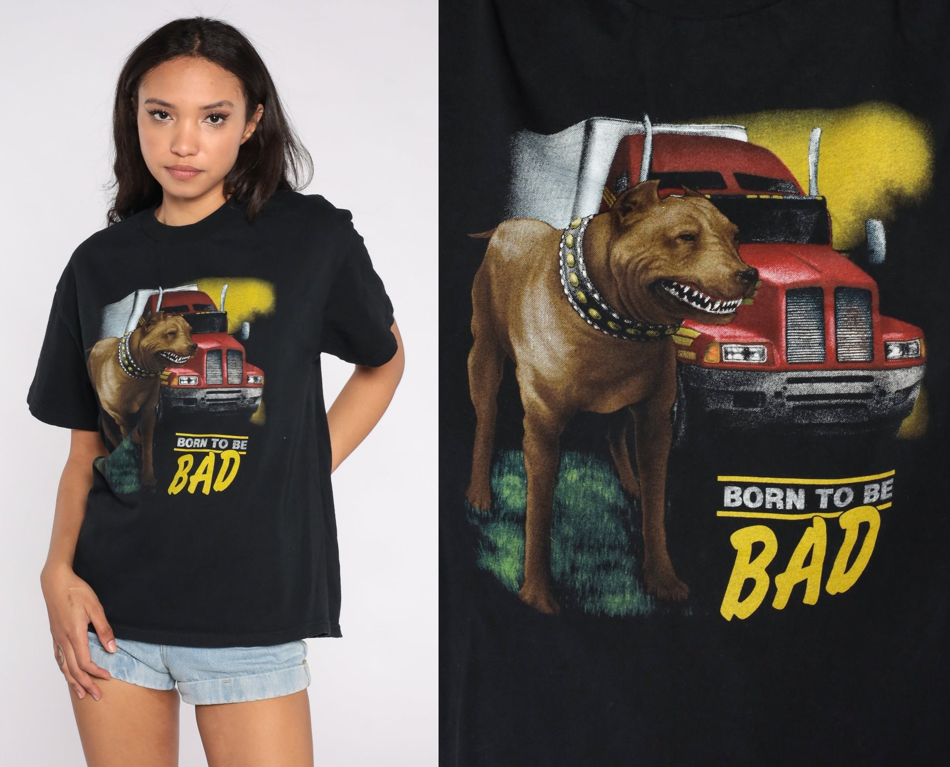 90s Guard Dog Born To Be Bad Graphic T-Shirt Black Trucker Medium