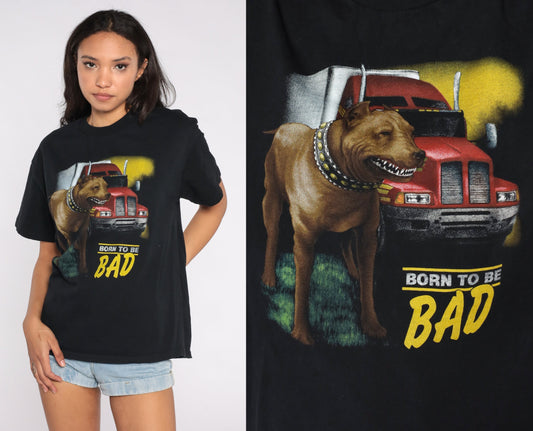 90s Guard Dog Born To Be Bad Graphic T-Shirt Black Trucker Medium