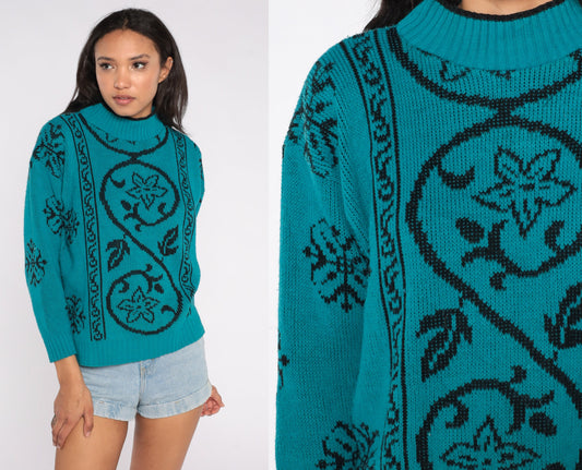 80s Teal Black Floral Knit Sweater Mock Neck Jacquard Pullover Large L
