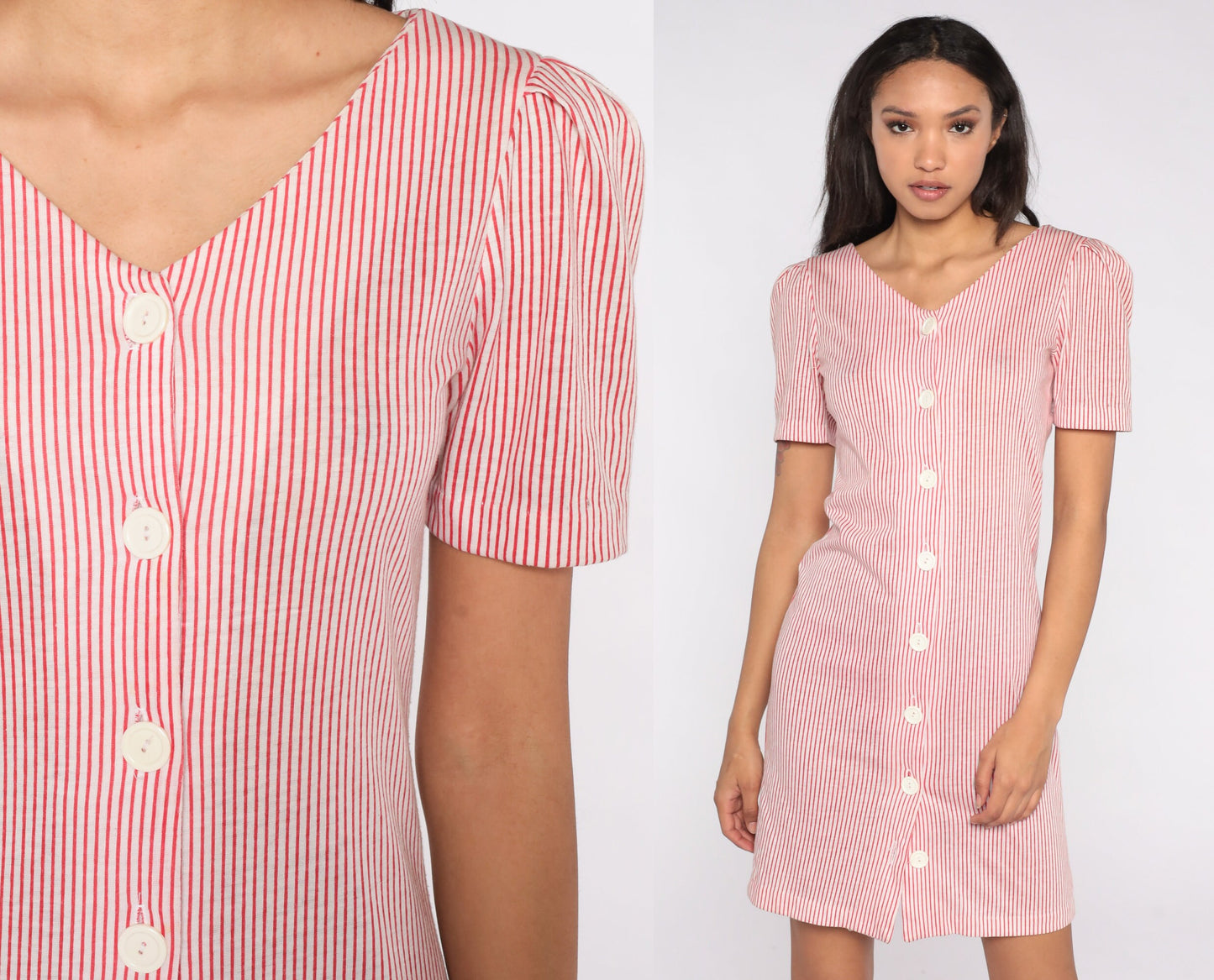80s Red White Striped Puff Sleeve Mini Shirtdress Small