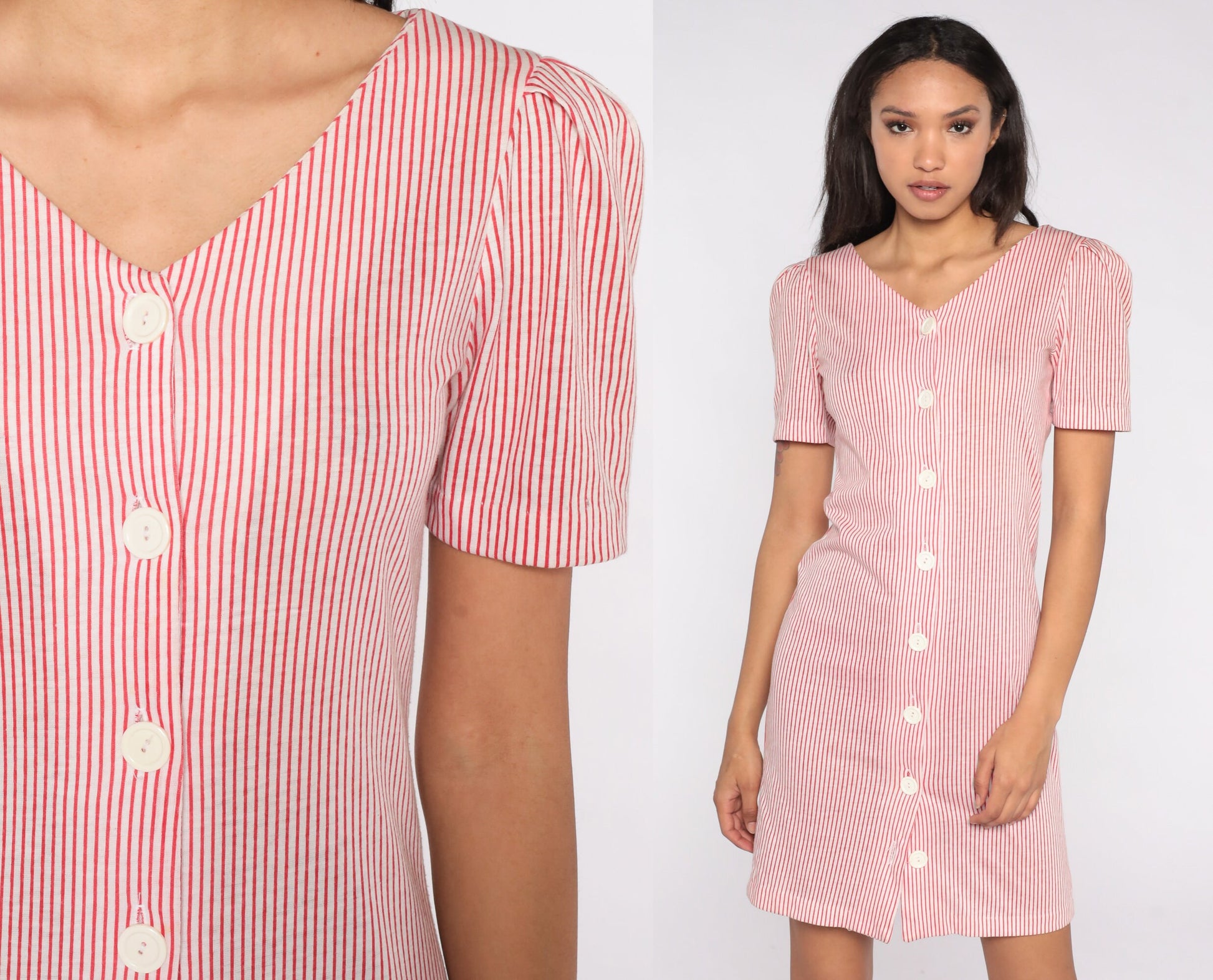 80s Red White Striped Puff Sleeve Mini Shirtdress Small