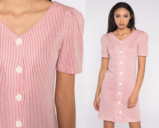 80s Red White Striped Puff Sleeve Mini Shirtdress Small