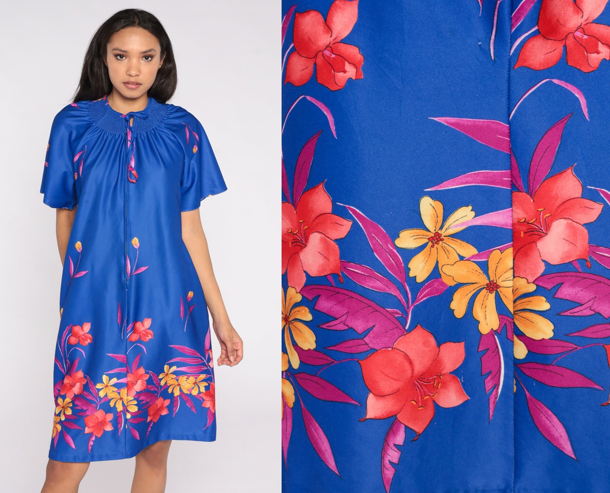 70s Blue Floral Midi Shift Dress Front Zip Lounge Wear Medium