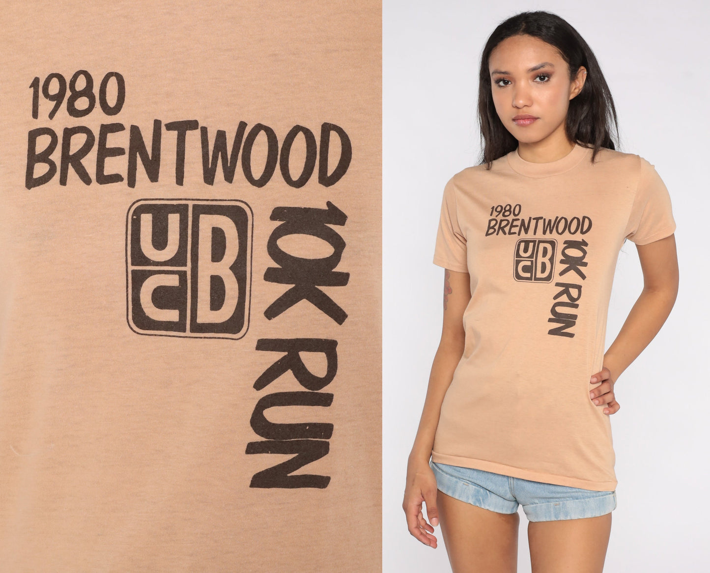 80s Brentwood 10K Run 1980 Graphic Tee Single Stitch Tan Brown Extra Small
