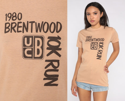 80s Brentwood 10K Run 1980 Graphic Tee Single Stitch Tan Brown Extra Small