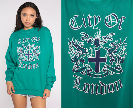90s City of London Crest Sweatshirt Green Graphic Pullover Extra Large XL
