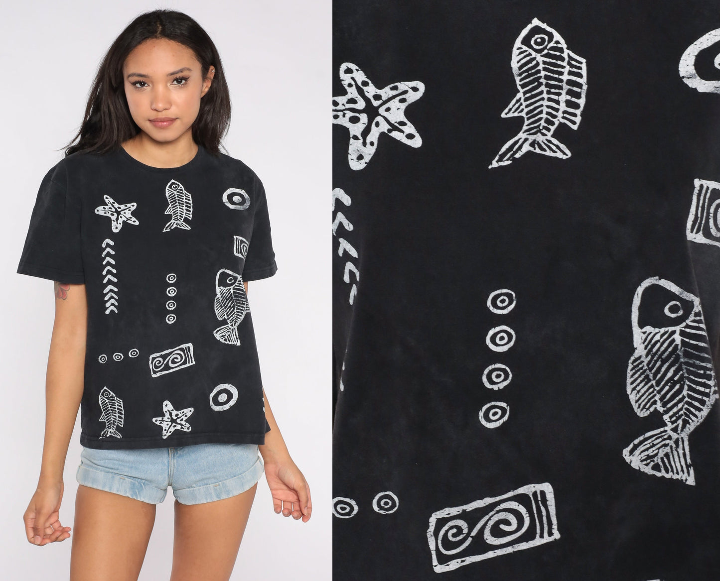 90s Fish Starfish Petroglyph Graphic T-Shirt Black White Medium
