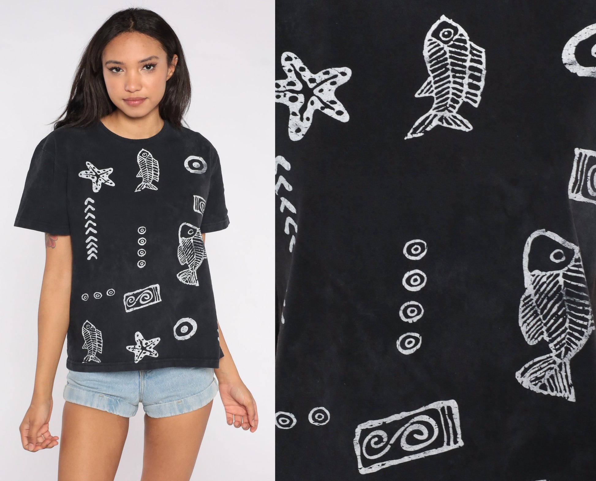 90s Fish Starfish Petroglyph Graphic T-Shirt Black White Medium