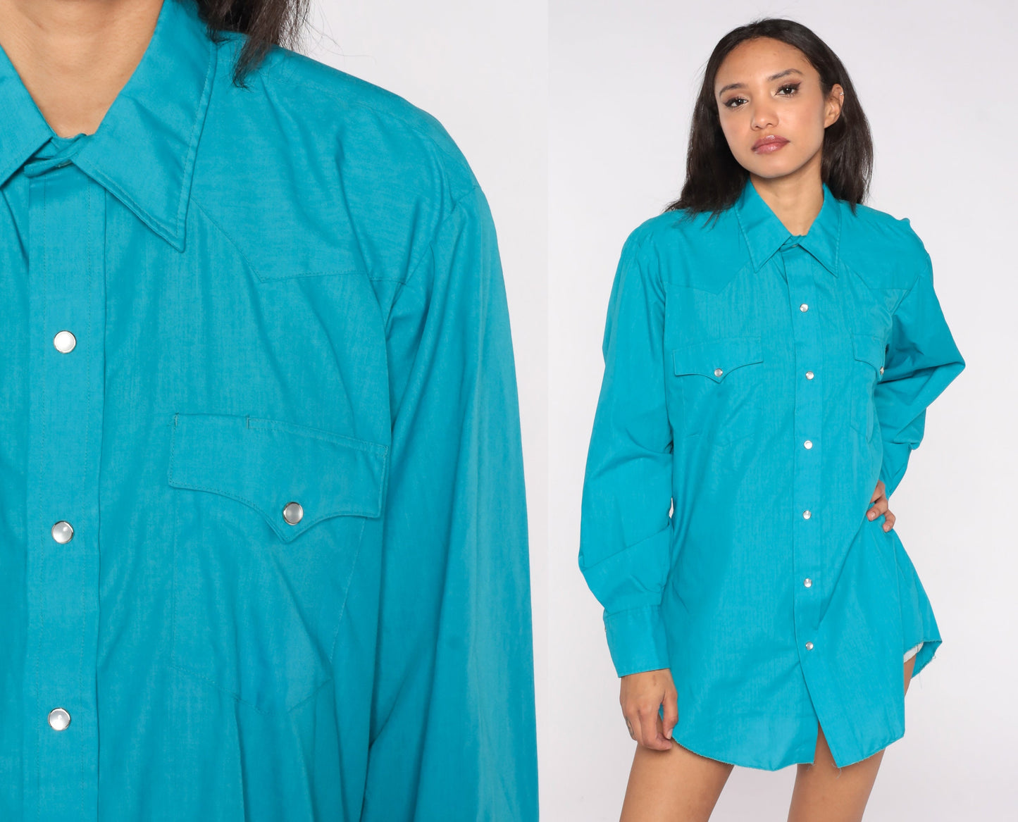 70s Turquoise Western Shirt Pearl Snap Dagger Collar Long Sleeve Men's Large