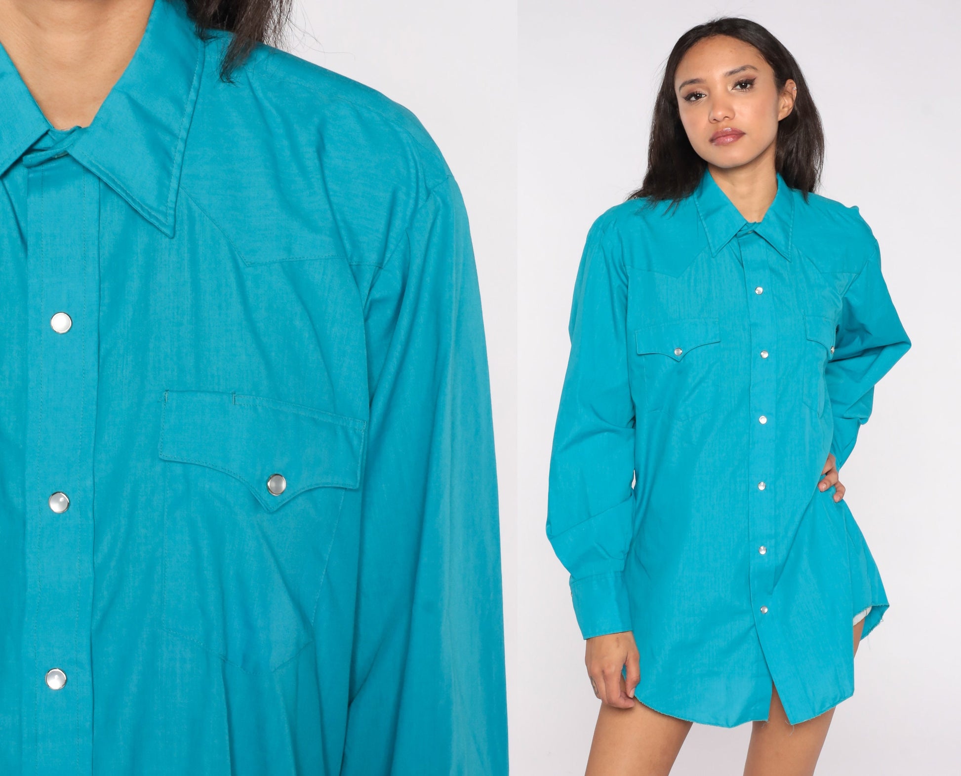 70s Turquoise Western Shirt Pearl Snap Dagger Collar Long Sleeve Men's Large