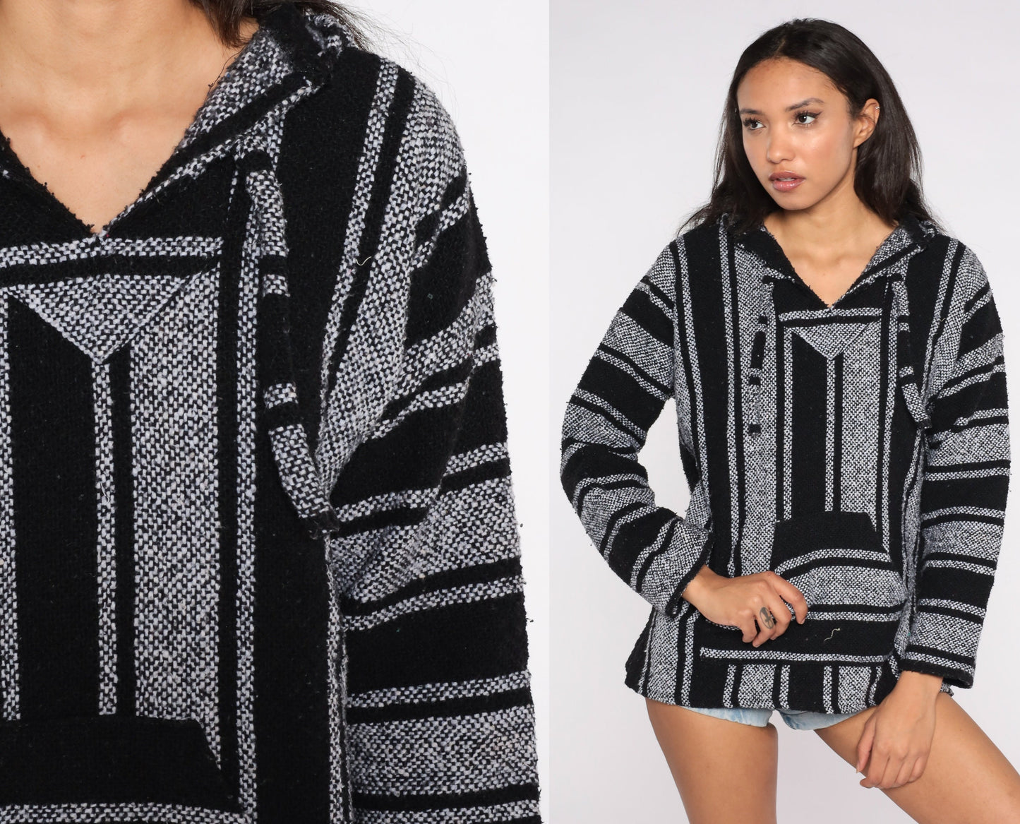 90s Mexican Baja Hoodie Black Grey Striped Kangaroo Pocket Large
