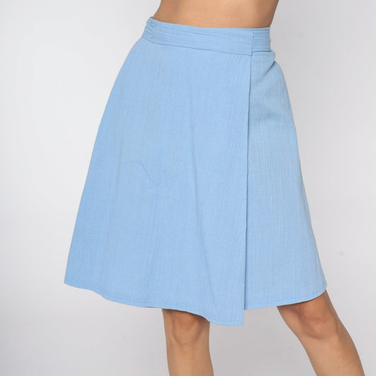 70s Powder Blue Wrap Skirt High Waisted Mini Cotton Blend Small