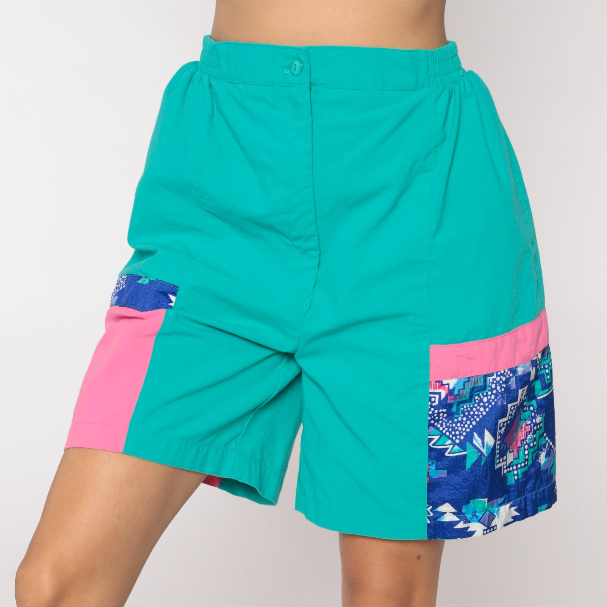 80s Colour Block Turquoise High-Waisted Shorts Pink Large L