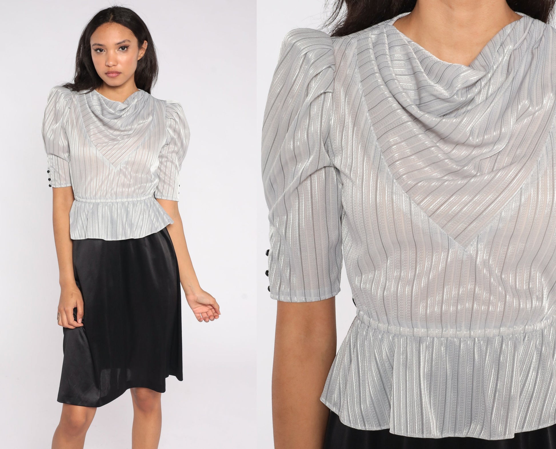 80s Peplum Dress Puff Sleeve Cowl Neck Silver Grey Midi Small