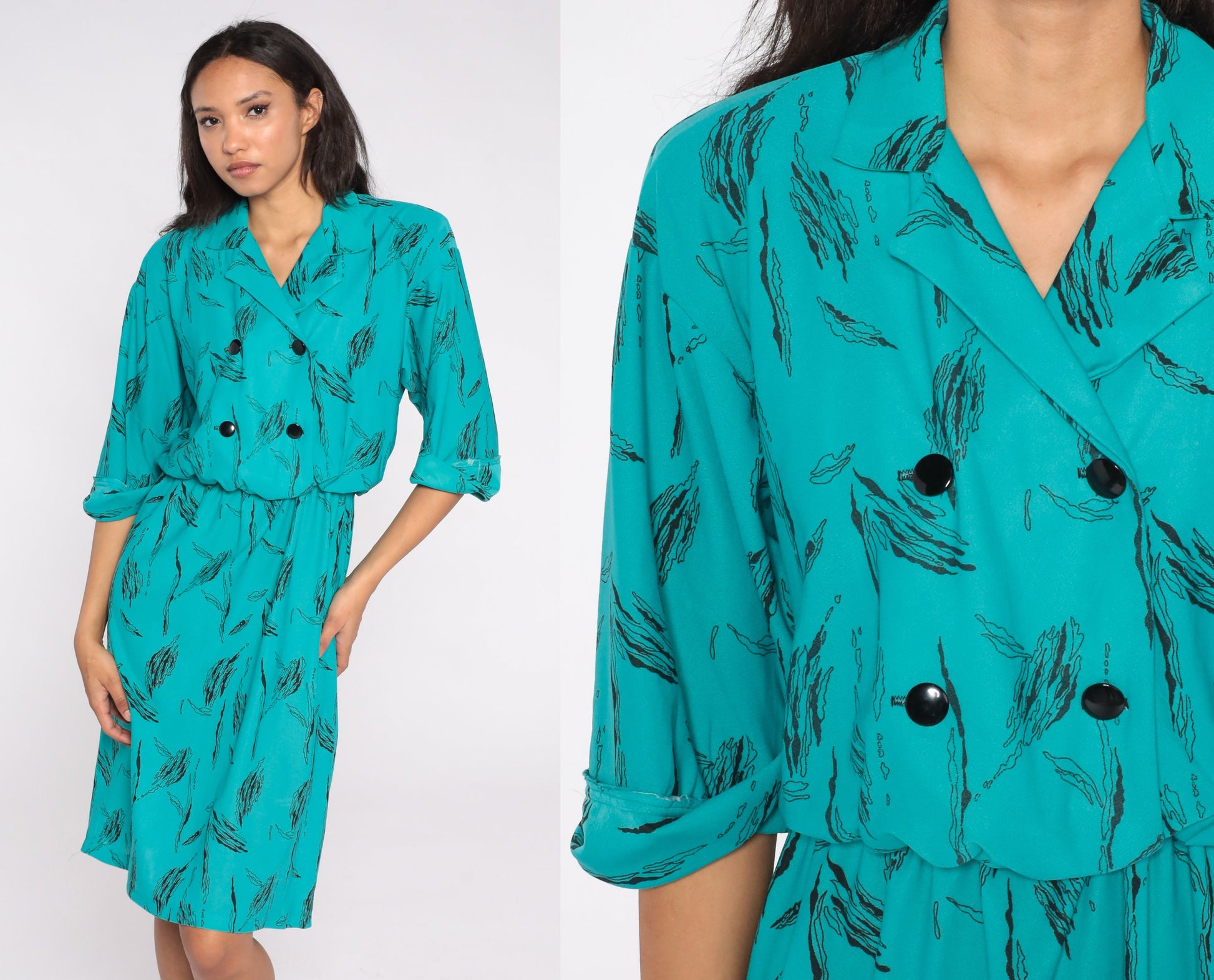 80s Abstract Print Shirt Dress Midi Double Breasted High Waist Teal Medium M