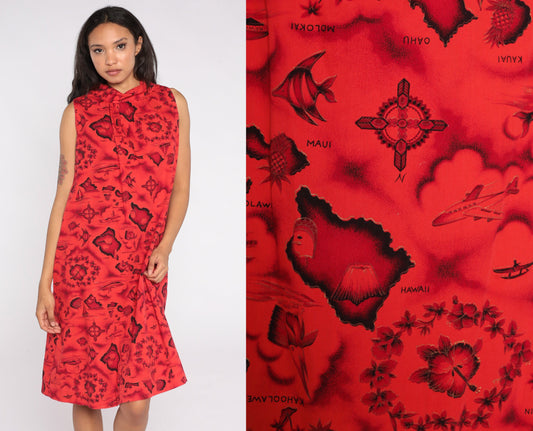 70s Hawaiian Tropical Print Shift Dress Red Floral Island Cotton Large L