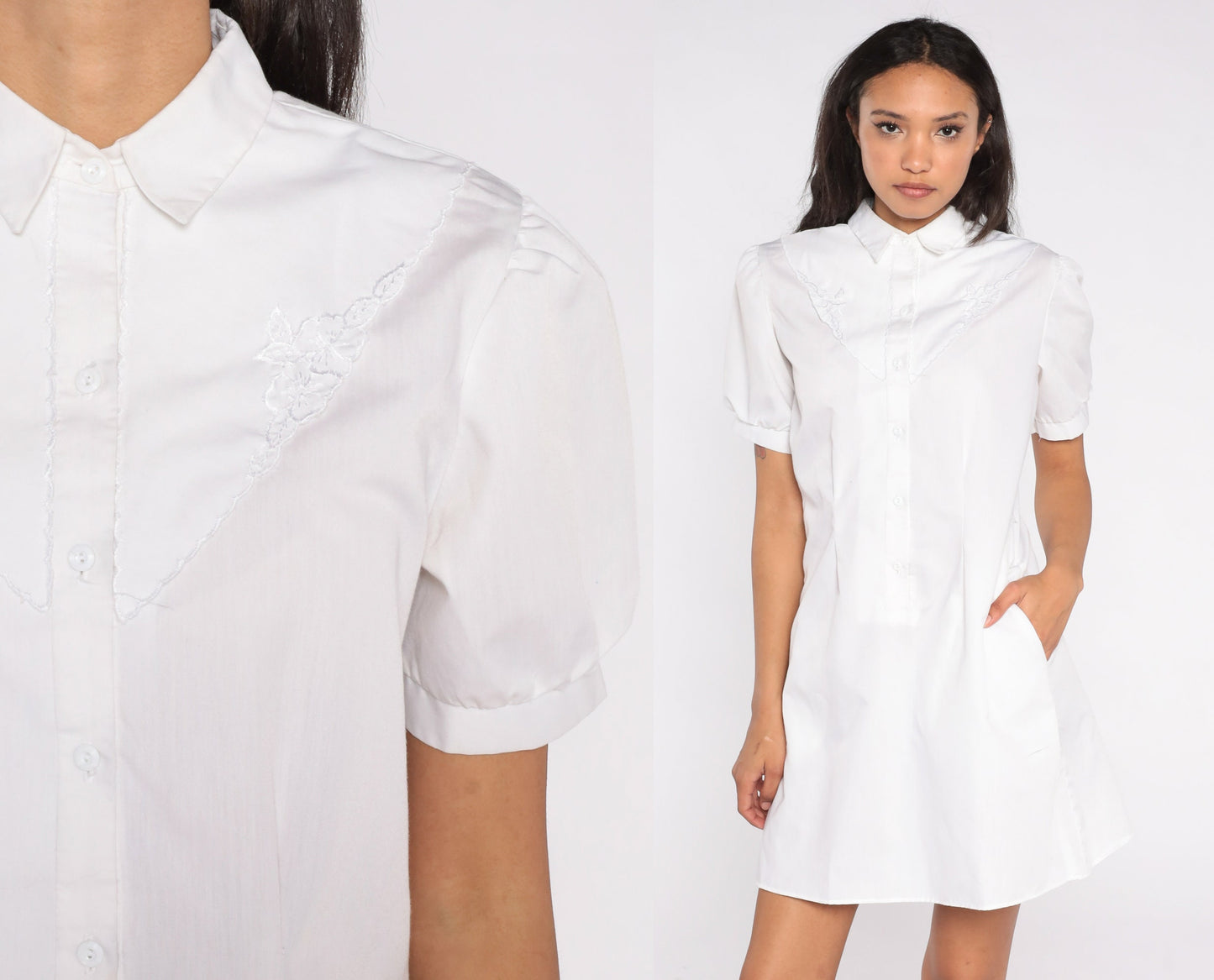80s White Mini Dress Puff Sleeve Collar Floral Embroidered Button-Up Medium M