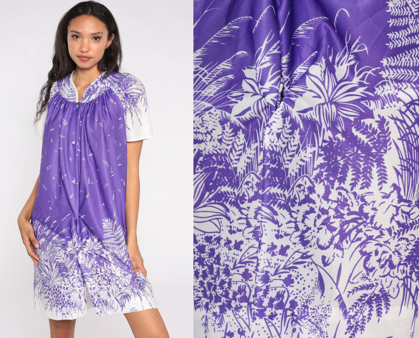 80s Purple Floral Pajama Dress Button-Up Nightgown Short Sleeve Medium
