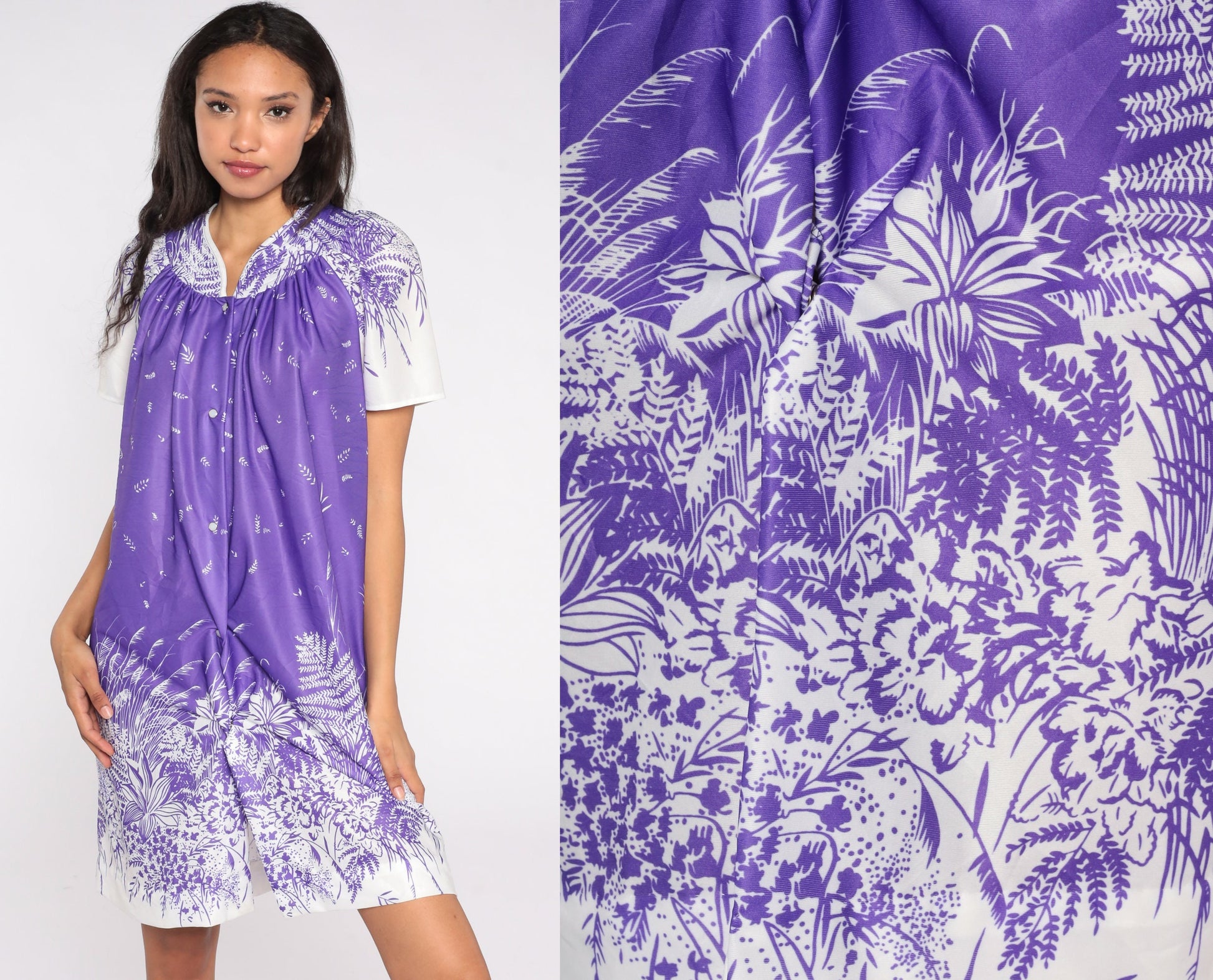 80s Purple Floral Pajama Dress Button-Up Nightgown Short Sleeve Medium