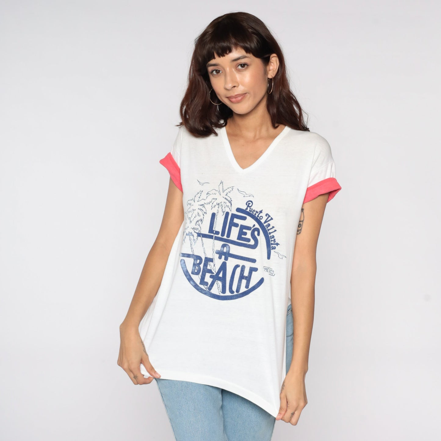 80s Puerto Vallarta Mexico Graphic T-Shirt Life's A Beach Palm Tree Medium