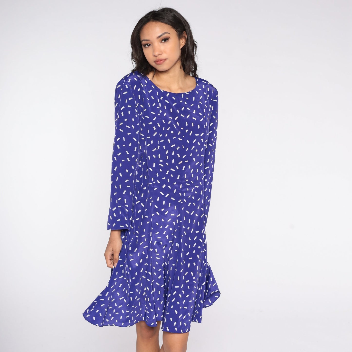 80s Purple White Confetti Print A-Line Dress Long Sleeve Knee Length Large