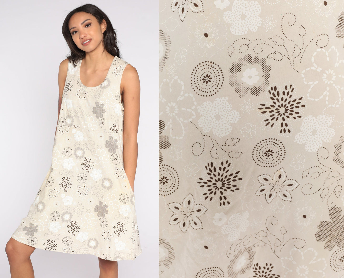 Y2K Floral Mini Dress Beige Empire Waist Sleeveless Large L